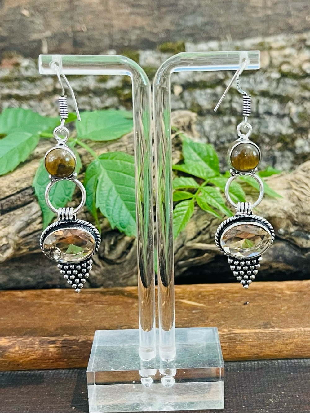 Morganite Tiger Eye 925 Sterling Silver Earrings
